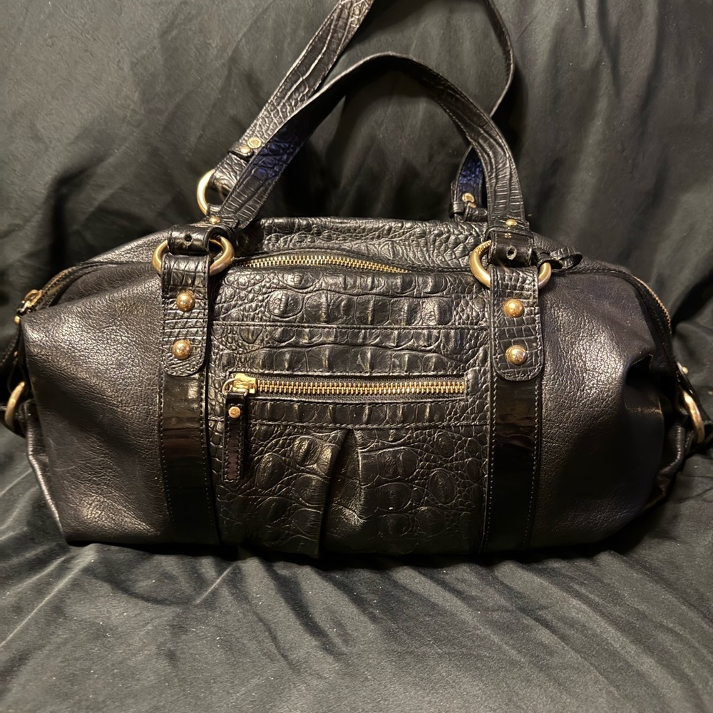 Brahmin Croc-Embossed Melbourne Black Satchel  Bag